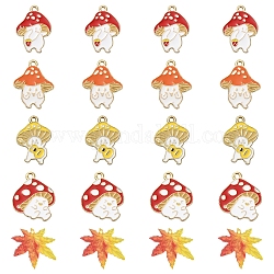 20 pièces 5 pendentifs en émail d'alliage de thème d'automne de style, elfe feuille d'érable et champignon, couleur mixte, 22~25x16.5~22x1~1.5mm, Trou: 1.2~1.8mm, 4 pièces / style