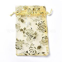 Pochettes à bijoux en organza avec cordon de serrage, sacs-cadeaux de fête de mariage, rectangle avec motif rose estampé or, champagne jaune, 15x10x0.11 cm