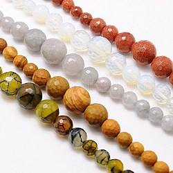 Granos de piedras preciosas naturales & sintéticas hebras, abalorios de gradual, facetados, redondo, piedra mezclada, color mezclado, 6~14mm, agujero: 1 mm