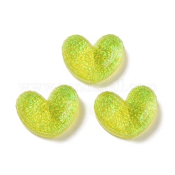 Cabochon in resina traslucida, con polvere di scintillio, cuore, verde giallo, 15.5x20x6mm