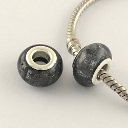 Large Hole Acrylic European Beads, with Silver Color Plated Brass Double Cores, Rondelle, Gray, 14x9mm, Hole: 5mm
