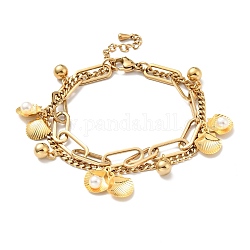 Bracelet multirangs coquillage perle plastique et breloque boule ronde, placage sous vide 304 bracelet double chaîne en acier inoxydable pour femme, or, 7-1/2 pouce (19 cm)