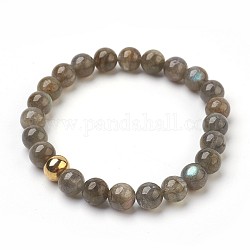 Natur Labradorit Perlen Stretch-Armbänder, mit Edelstahl-Perlen, Runde, Sackleinenverpackung, golden, 2-1/8 Zoll (5.5 cm), Tasche: 12x8.5x3cm