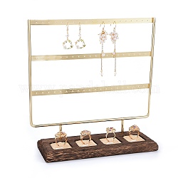 3-stöckiger Ständer für Fingerringe und Ohrringe aus Eisen, mit Sackleinen und Holzsockel, golden, 25x9x24.8 cm