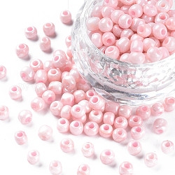 6/0 perles de rocaille en verre, teints et chauffée, lustre de couleurs opaques, trou rond, ronde, rose, 4~5x3~4mm, Trou: 1.2mm, environ 450g / livre