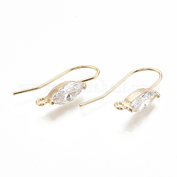 Brass Earring Hooks, with Cubic Zirconia and Horizontal Loop, Horse Eye, Clear, Nickel Free, Clear, Real 18K Gold Plated, 21~23x14~17x5mm, Hole: 1.5mm, Pin: 0.8mm