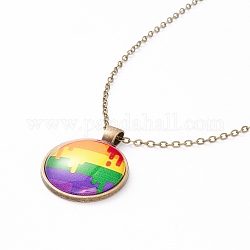 Rainbow Pride Necklace, Flat Round with Pattern Pendant Necklace for Men Women, Antique Bronze, Stripe Pattern, 20.08 inch(51cm) 