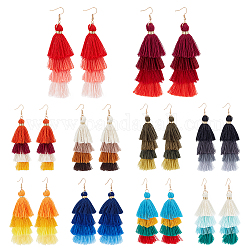 ANATTASOUL 10 Pairs 10 Colors Multi-layer Cotton Tassel Dangle Earrings, Brass Long Drop Earrings for Women, Mixed Color, 105mm, Pin: 0.6mm, 1 Pair/color