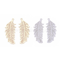 Brass Pendants, Etched Metal Embellishments, Lead Free & Nickel Free, Long-Lasting Plated, Feather, Mixed Color, 33.5x13x0.3mm, Hole: 1.4mm