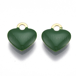 Charms in ottone, con smalto, paillettes smaltate, grezzo (non placcato), cuore, verde, 10x9x2mm, Foro: 1 mm