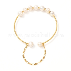 Brazalete de perlas naturales para mujeres niñas, brazalete de latón con cadena de seguridad, dorado, diámetro interior: 2 pulgada (5.2 cm)