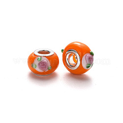 Perles européennes vernissées manuelles, cahoteuse, perles de rondelle avec grand trou , en laiton de tonalité de platine noyaux doubles, avec motif de fleurs, orange foncé, 14~16x9~10mm, Trou: 5mm