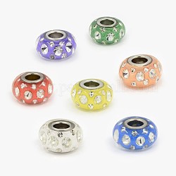 Handmade Polymer Clay European Beads, with Rhinestone and Platinum Color Double Brass Core, Large Hole Beads, Rondelle, Mixed Color, 14x8mm, Hole: 5mm