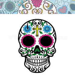 Tatuajes de arte de cuerpo luminoso de tema de halloween pegatinas, pegatinas de papel de tatuajes temporales removibles, cráneo, colorido, 85x60mm