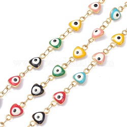Vacuum Plating 304 Stainless Steel Link Chains, with Enamel and Spool, Soldered, Heart with Evil Eye, Colorful, 10x5.5x3mm