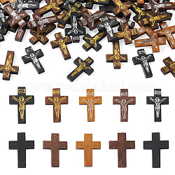 Cheriswelry 100pcs 5 colores colgantes de madera impresos, cruz crucifijo, para la Pascua, teñido, color mezclado, 32.5~33.5x21~22x4.5mm, agujero: 2 mm, 20 piezas / color