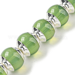 Abalorios de vidrio, con extremos de latón en tono platino, redondo, verde, 10~10.5x9~9.5mm, agujero: 1.2 mm, aproximamente 30 pcs / cadena, 11.02 pulgada ~ 11.42 pulgadas (28~29 cm)