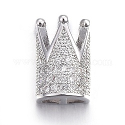 Brass Micro Pave Cubic Zirconia Slide Charms, Long-Lasting Plated, Cadmium Free & Nickel Free & Lead Free, Crown, Clear, Real Platinum Plated, 13x8.5x7mm, Hole: 1.5x10.5mm