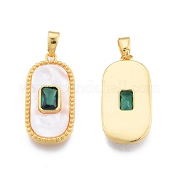 Synthetic White Shell Pendants, with Brass Green Cubic Zirconia Findings, Oval Charm, Real 18K Gold Plated, 23x11.5x2.8mm, Hole: 4x2mm