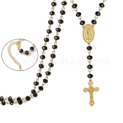 Collier de perles de chapelet en verre, collier pendentif croix et jésus en laiton doré, noir, 19.69 pouce (50 cm)