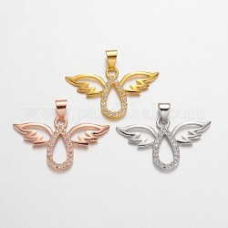 Angel Brass Micro Pave Cubic Zirconia Pendants, Lead Free & Nickel Free, Mixed Color, 27x16x2mm, Hole: 3x5mm