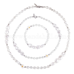 3Pcs Natural Shell & Plastic Pearl Flower & Glass Beaded Necklaces and Stretch Bracelet Set, Jewelry Set for Women, Clear, 15-3/8~18-1/4 inch(39~46.5cm), Inner Diameter: 2 inch(5.3cm)
