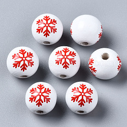 Perles européennes en bois naturel peint, Perles avec un grand trou   , imprimé, Noël, rond avec flocon de neige, blanc, 16x15mm, Trou: 4mm