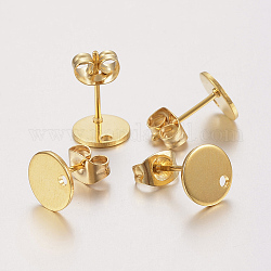 304 Stainless Steel Stud Earring Findings, with Loop and Flat Plate, Ear Nuts/Earring Backs, Flat Round, Real 24K Gold Plated, 8x0.8mm, Hole: 1.2mm, Pin: 0.8mm