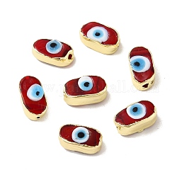 Handmade Evil Eye Lampwork Beads, with Brass Findings, Lead Free & Cadmium Free, Long-Lasting Plated, Oval, Dark Red, 14~14.5x7.5~8.5x5.5~6mm, Hole: 0.9~1.4mm