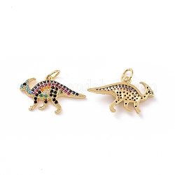 Dinosaur Brass Micro Pave Colorful Cubic Zirconia Charms, with Jump Rings, Cadmium Free & Nickel Free & Lead Free, Real 18K Gold Plated, 12x21x3.5mm, Hole: 3.4mm