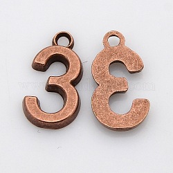 Rack Plated Zinc Alloy Number Charms, Lead Free & Cadmium Free & Nickel Free, Red Copper Metal Color, Num.3, 18x6~10x2mm, Hole: 2mm