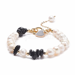 Bracciale con perline in ossidiana naturale e perle con ciondoli a cuore in lega smaltata, gioielli con pietre preziose per le donne, oro, 7-5/8 pollice (19.4 cm)