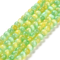 Brins de perles teints en sélénite naturelle, imitation d'oeil de chat, Grade a, ronde, lime green, 6mm, Trou: 0.8mm, Environ 62~66 pcs/chapelet, 15.24~15.43'' (38.7~39.2 cm)