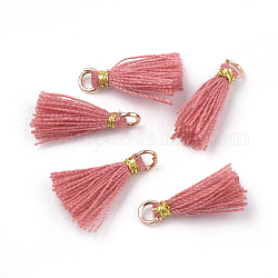 Polycotton(Polyester Cotton) Tassel Pendant Decorations, Mini Tassel, with Iron Findings and Metallic Cord, Light Gold, Pale Violet Red, 10~15x2~3mm, Hole: 1.5mm
