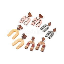 Resin & Walnut Wood Arch Dangle Earrings, 304 Steel Big Drop Earrings for Women, Mixed Color, 52.5~63mm, Pin: 0.7mm