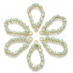 Ciondoli di vetro, con perle in plastica imitazione perla e leghe chiare color oro, lacrima, acquamarina, 29.5x17x4mm, Foro: 1.6 mm