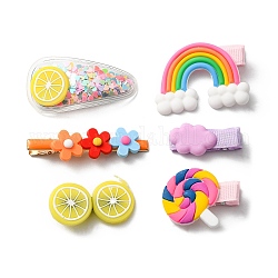 Niedliche Haarspangen-Sets aus Kunststoff, Haarspangen mit Regenbogen-Blumen-Frucht-Dessert für Babys, Mädchen, Teenager, Kleinkinder, zufällige Farbe, 30~60 mm, 6 Stück / Set