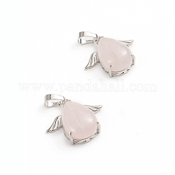Natural Rose Quartz Pendants, with Platinum Tone Brass Cabochons Settings, teardrop, with Wing, 23~23.5x25x8~9mm, Hole: 8x5mm