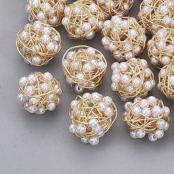 Brass Wire Beads, with ABS Plastic Imitation Pearl, Nickel Free, Real 18K Gold Plated, White, 14x14.5x14.5mm