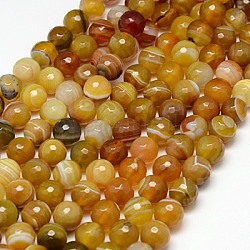 Natural Striped Agate/Banded Agate Beads Strands, Faceted, Dyed, Round, Goldenrod, 12mm, Hole: 1.2mm