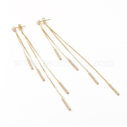Brass Long Tassel Dangle Stud Earrings with Acrylic Pearl, Front Back Stud Earrings for Women, Lead Free & Cadmium Free & Nickel Free, Real 18K Gold Plated, 133x4.5x4.5mm, Pin: 0.6mm
