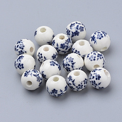 Perles de porcelaine imprimées manuelles, ronde, bleu de Prusse, 6mm, Trou: 2mm