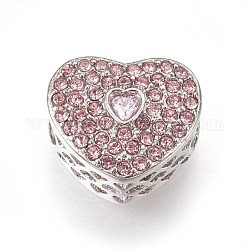 304 Stainless Steel European Beads, Large Hole Beads, with Rhinestone, Heart, Stainless Steel Color, Light Rose, 10x11x7mm, Hole: 4mm