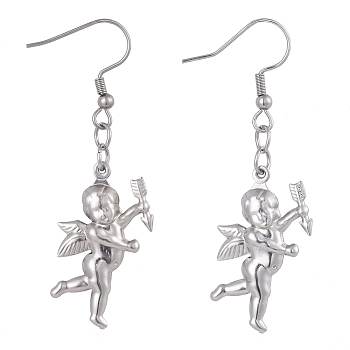 304 Stainless Steel Dangle Earrings, Angel/Cupid/Cherub, Stainless Steel Color, 52mm, Pin: 0.7mm