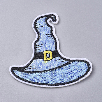 Computerized Embroidery Cloth Iron on/Sew on Patches, Costume Accessories, Witches Hat, for Halloween, Light Steel Blue, 62x64x1.5mm