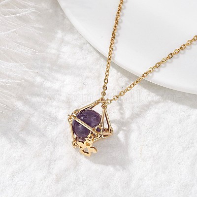 Makramee-Beutel aus Messing mit natürlichem Amethyst innen und Anhängerketten aus 304er Edelstahl für Damen&nbsp;NJEW-JN05607-03-1