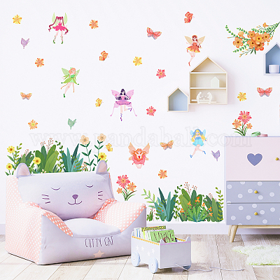 Butterfly Girl Wall Stickers Flower Fairy Wall Decal Pink Floral Wall Mural  Colorful Butterflies Wall Decor DIY Removable Vinyl Wall Art for Girls