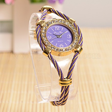 女性の黄金のトーンステンレススチールの時計バングル  フラットラウンド合金クォーツラインストーンの時計ダイヤルで  紫色のメディア  37~43x50~55mm WACH-F008-07C-1