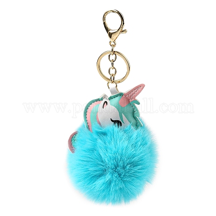 Porte-clés boule de fourrure de lapin imitation rex et pendentif licorne en cuir pu KEYC-K018-01KCG-01-1