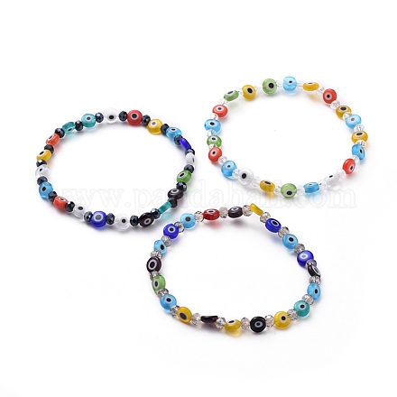 Fait à la main mauvais œil au chalumeau perles rondes plates bracelets extensibles BJEW-JB05005-1